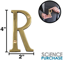 Load image into Gallery viewer, 4-inch House Letter "R" with Mounting Screws, Polished Brass, Shiny Gold Color, Suitable for Mailbox, Home, Apartment, Hotel etc
