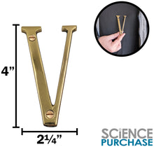 Load image into Gallery viewer, 4-inch House Letter &quot;V&quot; with Mounting Screws, Polished Brass, Shiny Gold Color, Suitable for Mailbox, Home, Apartment, Hotel etc

