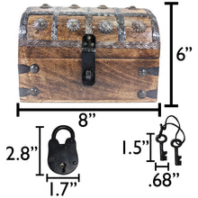 Load image into Gallery viewer, Pirate&#39;s Treasure Chest Wooden Nautical Jewelry Box with Functional Lock and 2 Keys, Wood with Iron Accents, Hinged Lid, 8 Inches Long
