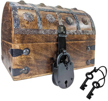 Load image into Gallery viewer, Pirate&#39;s Treasure Chest Wooden Nautical Jewelry Box with Functional Lock and 2 Keys, Wood with Iron Accents, Hinged Lid, 8 Inches Long
