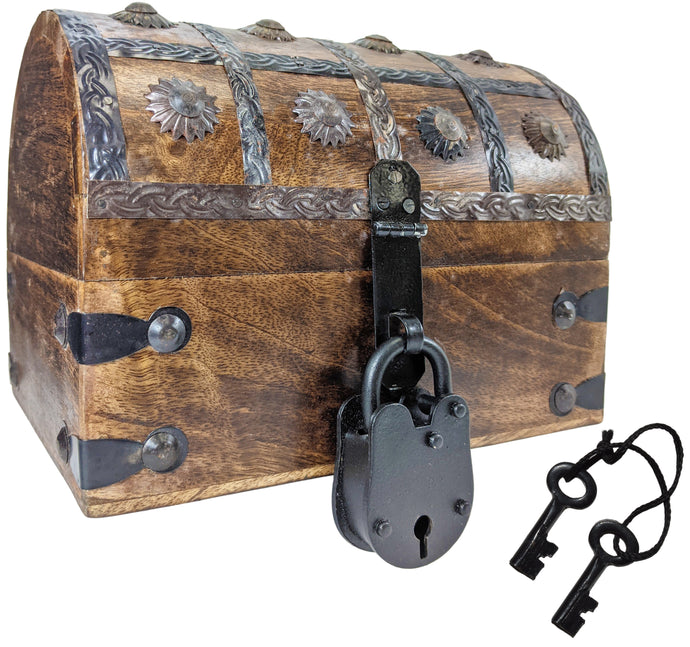 Pirate's Treasure Chest Wooden Nautical Jewelry Box with Functional Lock and 2 Keys, Wood with Iron Accents, Hinged Lid, 8 Inches Long