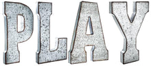 Load image into Gallery viewer, 20&quot; Tall Metal &quot;PLAY&quot; Letters - Approximately 4.6 Foot Long Hanging Décor, Silver with Rusted Edges, Galvanized Wall Mountable Decoration for Country, Mid-Century, or Farmhouse Theme
