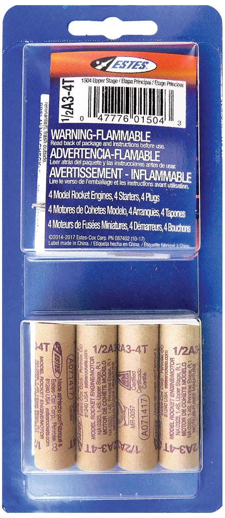 Estes 1504 1/2A3-4T Mini Model Rocket Engines, 4 Count – 13mm with Sta ...