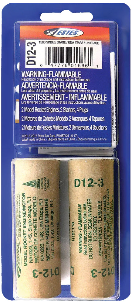 Estes D12-3 Model Rocket Engine Pack - Includes 2 Engines with Starters & Plugs (1566)