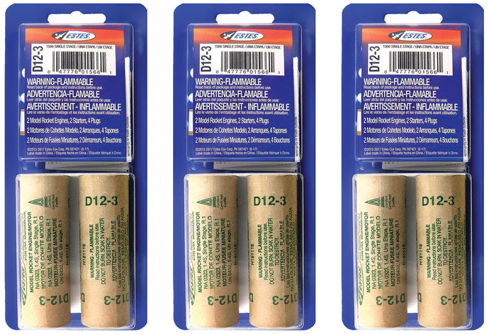 Estes 3 Packs of D12-3 Model Rocket Engines - Total of 6 Engines with Starters & Plugs (1566PK3)
