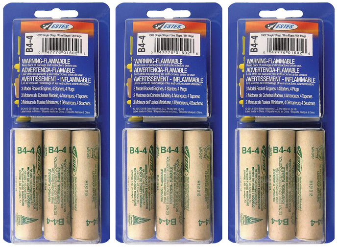 Estes 3 Packs of B4-4 Model Rocket Engines - Total of 9 Engines with Starters & Plugs (1602PK3)