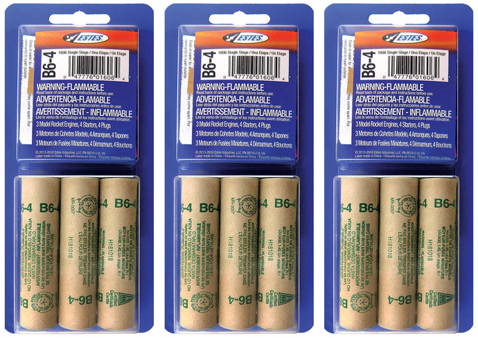 Estes 3 Packs of B6-4 Model Rocket Engines - Total of 9 Engines with Starters & Plugs (1606PK3)