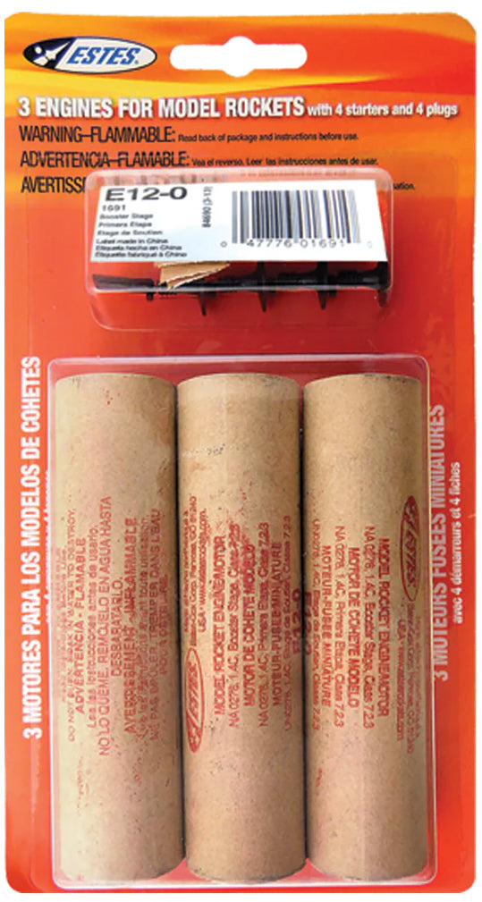 Estes E12-0 Booster Stage Model Rocket Engine Pack - Includes 3 Engines with Starters & Plugs (1691)