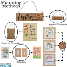 Load image into Gallery viewer, 7 Piece "Life is All About Balance" Themed Wooden Wall Decoration Set - Includes 2 Planks (with Hanging Rope and Adhesive mounting options), 3 Glass Hangable Framed Pictures, and 2 Slim Planks
