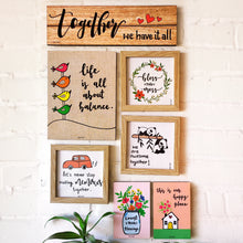 Load image into Gallery viewer, 7 Piece "Life is All About Balance" Themed Wooden Wall Decoration Set - Includes 2 Planks (with Hanging Rope and Adhesive mounting options), 3 Glass Hangable Framed Pictures, and 2 Slim Planks
