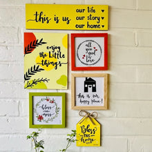 Load image into Gallery viewer, 6 Piece "Enjoy the Little Things" Themed Wooden Wall Decoration Set - Includes 2 Planks (with Hanging Rope and Adhesive mounting options), 3 Glass Hangable Framed Pictures, and 1 Hut-Shaped Piece with Bow

