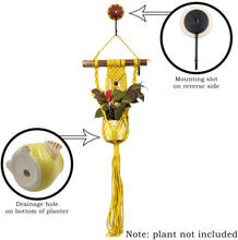 Load image into Gallery viewer, Vibrant Yellow Hand-crafted Macrame Hanging Plant Hanger with Ceramic Owl Planter and Decorative Flower Hook, About 3 Feet Tall
