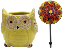 Load image into Gallery viewer, Vibrant Yellow Hand-crafted Macrame Hanging Plant Hanger with Ceramic Owl Planter and Decorative Flower Hook, About 3 Feet Tall
