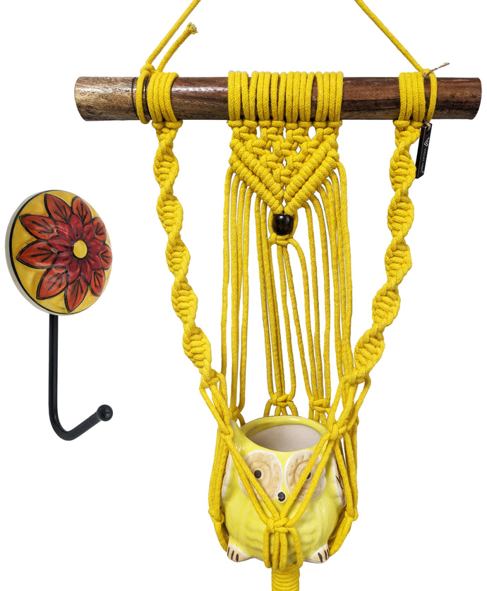 Vibrant Yellow Hand-crafted Macrame Hanging Plant Hanger with Ceramic Owl Planter and Decorative Flower Hook, About 3 Feet Tall