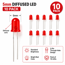 Load image into Gallery viewer, 10 Pack Diffused Lens LEDs - Standard - Bright Red - 5mm
