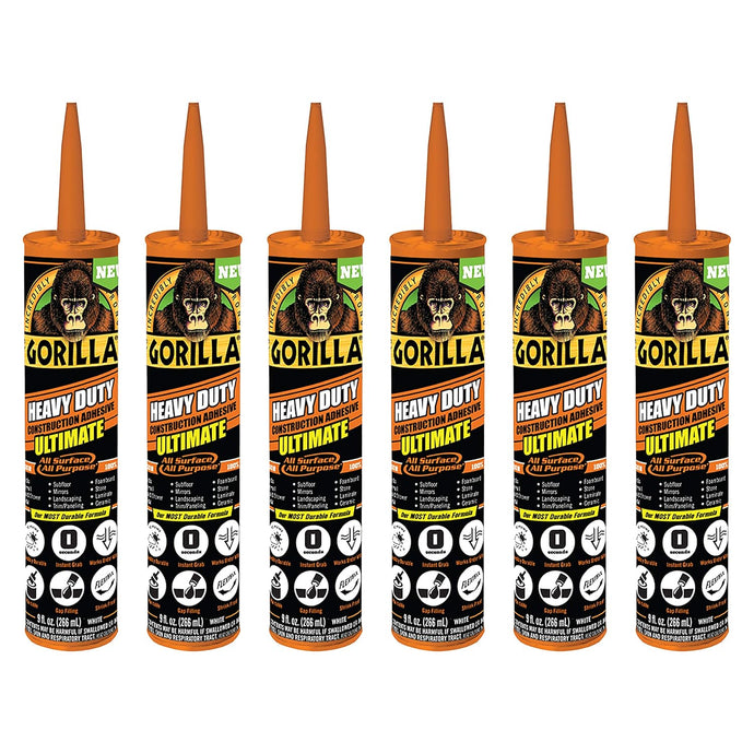 Gorilla 6 Pack 9 Ounce Cartridges Heavy Duty Ultimate Construction Adhesive, White