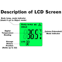 Load image into Gallery viewer, Contactless Digital Forehead Thermometer, Fast 1 Second Readings for Body or Object Temperature, Backlit Display, Fever Alarm &amp; Color, Memory Recall
