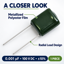 Load image into Gallery viewer, Mylar Radial Capacitor 10% 100 Volt 0.001 µF
