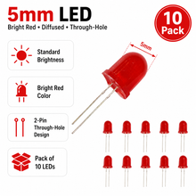 Load image into Gallery viewer, 10mm Jumbo Red Diffused LED, 2-Pin Round, 1.8-2.2V 20mA - 10 Pack
