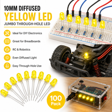 Load image into Gallery viewer, 10mm Jumbo Round Yellow Diffused LED, 2-Pin Through-Hole, 1.8–2.2V 20mA - 100 Pack
