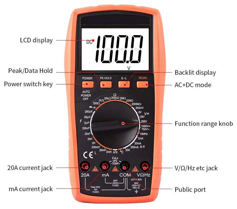 Features Multimeters Backlit Digital Multimeter with LCD Display, Measures DCV, ACV, DCA, A ...