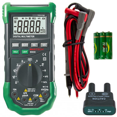 AC/dc 1000V/10a 200Khz 200Uf 40Mohm relative measurement hfe diode check continuity | LED/sound warning when incorrect banana jacks are used relative to function switch setting | Auto and manual ranging with relative measurement (all ranges except frequency) | All range fused (resettable) | Auto power off (could be disabled) & blue LED back-lit lcd display