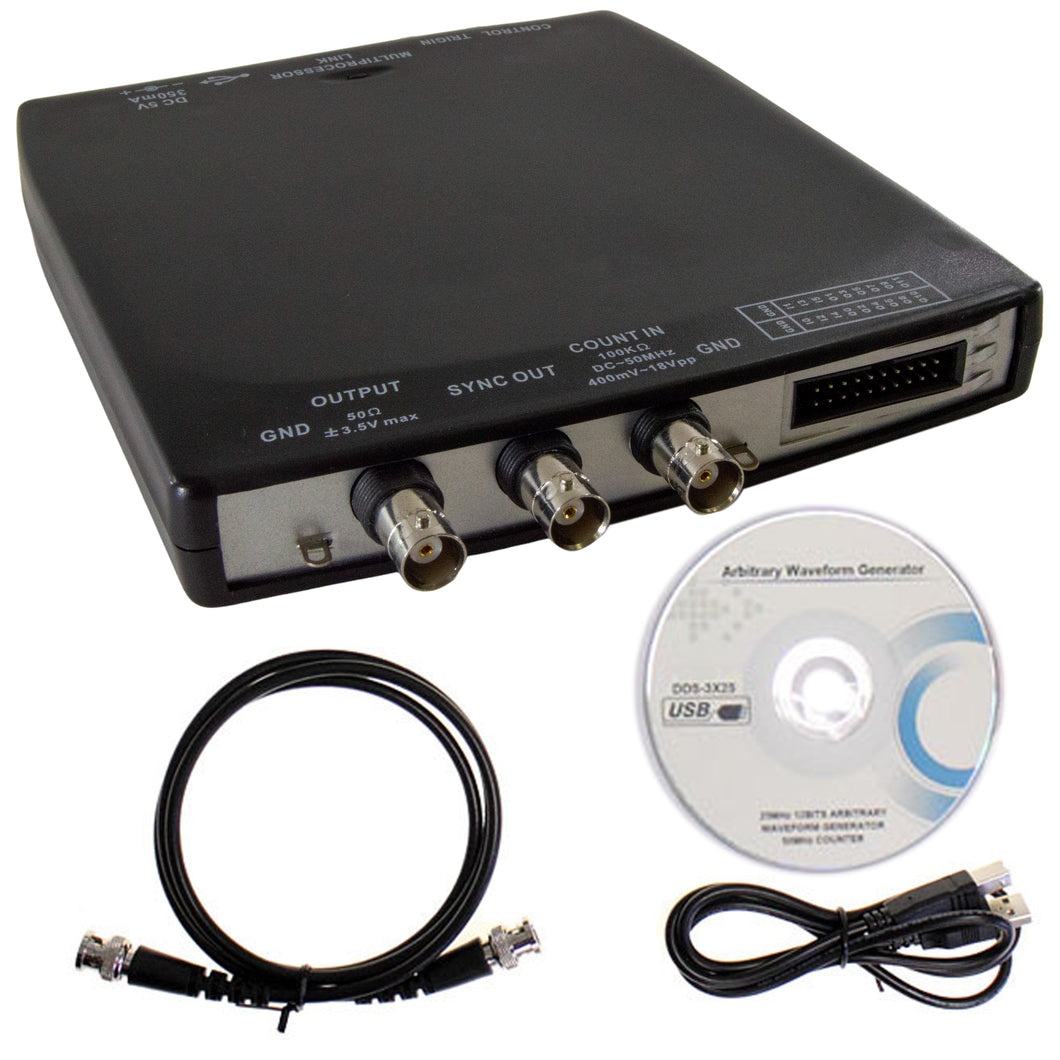 Output Freq: 1Hz - 25MHz | Output sine, square, ramp, AMFM, gauss noise, white noise or arbitrary wave | Simulation of Real Word Signals or sensors | Operating System: Windows NT, XP, Vista | Frequency Counter: DC to 50MHz