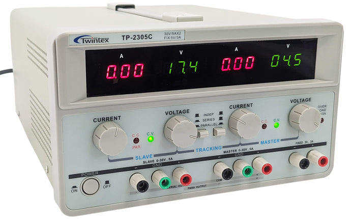 Triple Output Power Supply, Two 0-30V @ 0-5A; One Fixed 5V @ 3A, Quad LED Displays (TP-2305C)