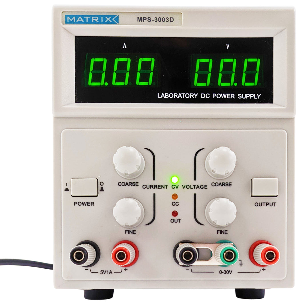 0-30V; 0-3A | +5V @ 1A fixed | Two digital panel meters (LED) | Constant voltage and current operation | Output switch off function (output standby)