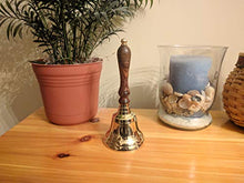 Load image into Gallery viewer, Large School Bell, Polished Brass Metal Handbell, Gold Color with Brown Wooden Handle - Measures 3.75 Inches Wide and 8.5 Inches Tall
