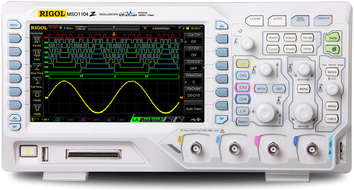 100 MHz Mixed Signal Oscilloscope with 4 analog channels as well as 16 digital logic channels, and a 25 MHz, 2 ch source plus 24 Mpt memory and 1 GSa/sec sampling | 100MHz Bandwidth | 4 Analog channels | 16 Digital channels MSO | Now includes FREE software bundle BND-MSO/DS1000Z built into the unit