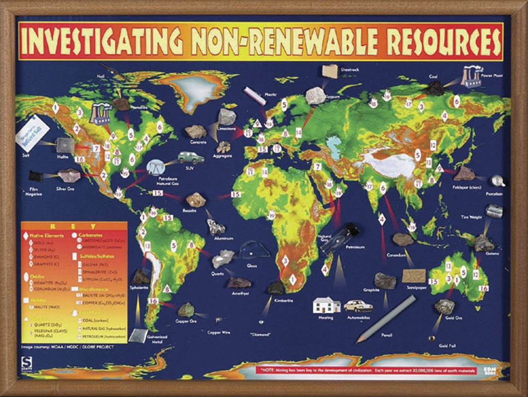 Investigating nonrenewable resources map for geological and environmental study | Illustrates sources and related products that are nonrenewable within one human life time for detailed examination | Mounted natural specimens and corresponding manmade products for demonstration purposes | Depicts regions worldwide for identifying where naturally non-replenishing ores and fossil fuels are mined | Wood frame for display