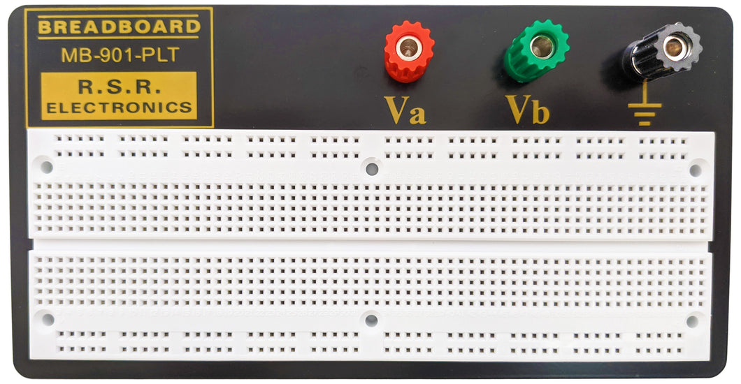 Solderless breadboard ideal for testing, prototyping and experimentation | Contact Points: 840 | Binding Posts: 3 | Features a sturdy aluminum backing and phosphor bronze spring clip contacts | Size: 6.5