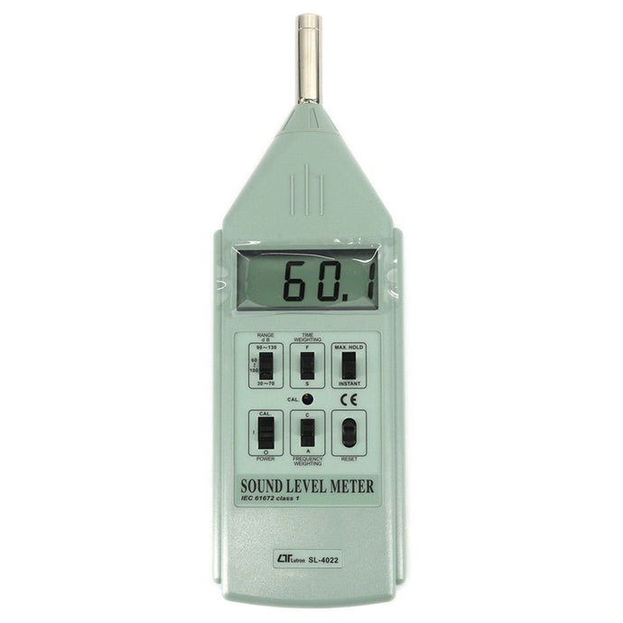 Frequency and time weighting meet IEC651 type 1 | 30 to 130db, 3 ranges | Max. hold, data hold | AC out | Internal 94db calbration