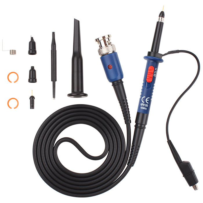 100 MHz Oscilloscope Probe, x1 / x10 Switchable, Includes Accessory Set