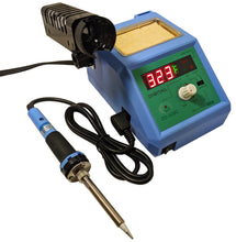 Load image into Gallery viewer, Versatile temperature adjustable soldering station — suitable for a wide range of soldering tasks including general purpose, board level assembly and repair. ESD safe. | Electronically controlled temperature with LED display | Tip temperature can be changed from 320 degrees F to 900 degrees F | Long-life ceramic element for rapid heating - temperature sensor located near tip allows rapid response | Includes detachable soldering iron (24V AC; 48W) and base with built-in stand and sponge holder
