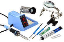 Load image into Gallery viewer, This soldering set includes: 48W Temperature Controlled Soldering Station, two 1.5mm conical tips, lead free solder (10gm), Helping Hand with magnifier, desolder pump, and solder aid kit. Easily accomplish many different soldering tasks with the 5 to 40 watt temperature adjustment. Features lightweight iron with rubber grip, 1.2mm pointed tip (two 1.5mm tips also included), tip cleaning sponge, and a sturdy-ringed soldering iron holder.
