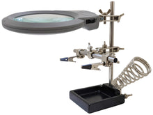 Load image into Gallery viewer, Helping Hand Project Holder with 2x Magnifier, LED Lights, Soldering Iron Holder, and Sturdy Iron Base

