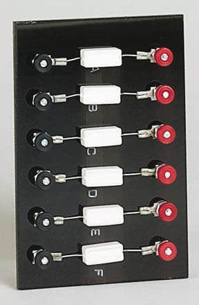 Securely mounted resistors. | Great for use with the Wheatstone Bridge. | These six wire-wound resistors ranging form 5 to 1000 ohm are mounted on a 10 x 15-cm base and are rated at 5 watts. | The resistor's value is hidden from view; and the students try to assess the value of the resistance. | (6