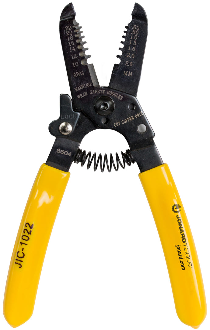 Wire stripper and cutter with black oxide finish | Suitable for 10 to 22 gauge (Stranded or Solid Wire) | Rubber grip for increased handling | Locking mechanism for safe storage | Holes for bending and looping