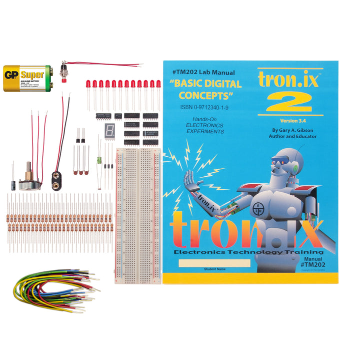 39 Lessons and hands-on experiments to introduce digital electronics to students, technicians and robotics enthusiasts | Classroom friendly, no soldering required | Complete with everything needed including battery and manual | Lessons explain concepts of CMOS, linear Op Amp IC's, gates, flip-flops, schmitt triggers, and more | 