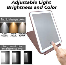 Load image into Gallery viewer, LED Lighted Travel Makeup Mirror, Rechargeable Illuminated Portable Rose Gold Mirror with 3 Light Colors
