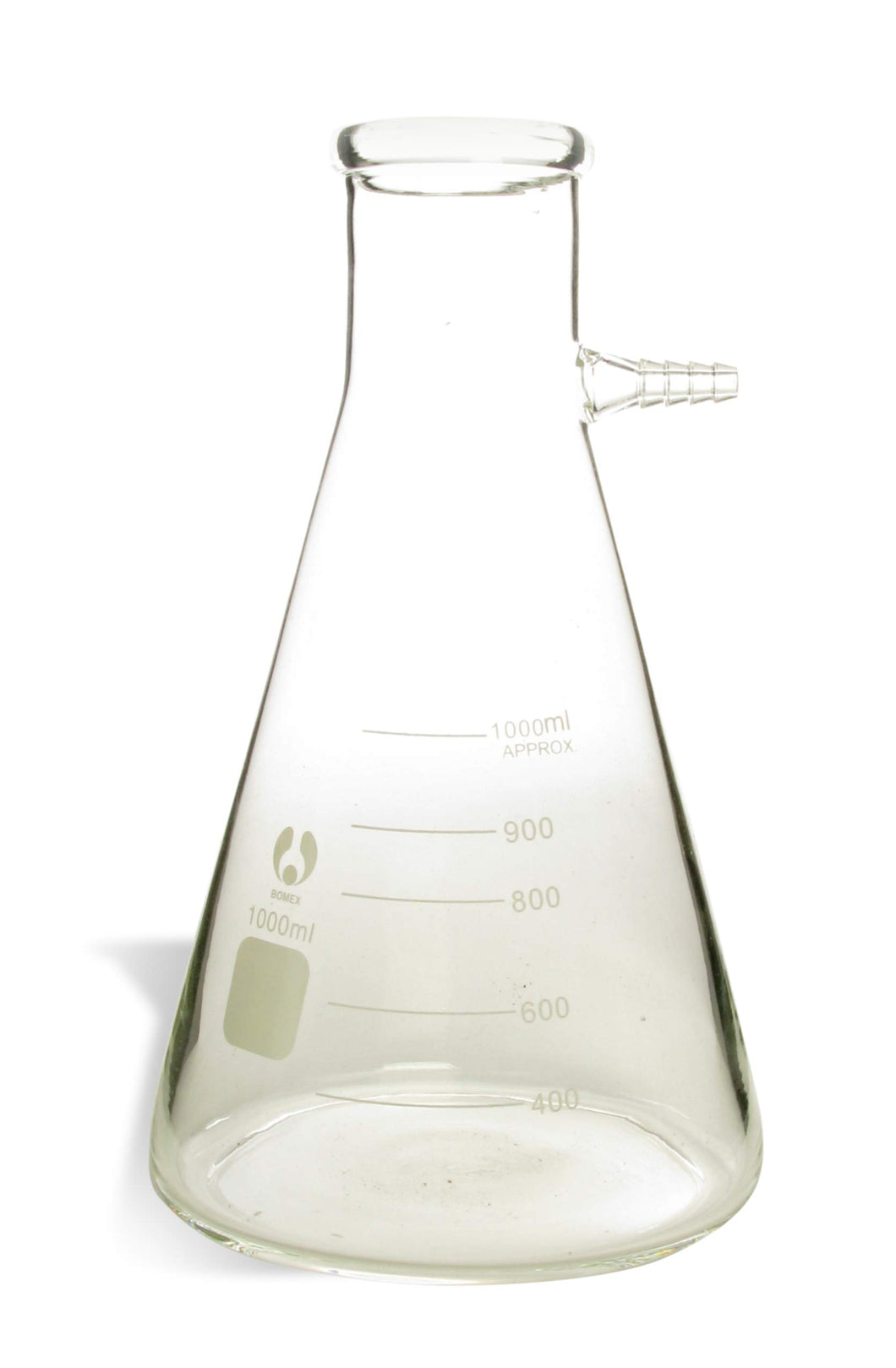 Bomex filtering flasks | Made of borosilicate glass | Flasks have a narrow mouth and tooled top finish | #10 Stopper size suggested. This is not included with the flask | Capacity 1000 milliliters