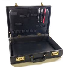 Load image into Gallery viewer, Lockable briefcase, Sturdy carry handle. | Gold plated locks, Interior organizer section | Black Leather | Electronix Express | 

