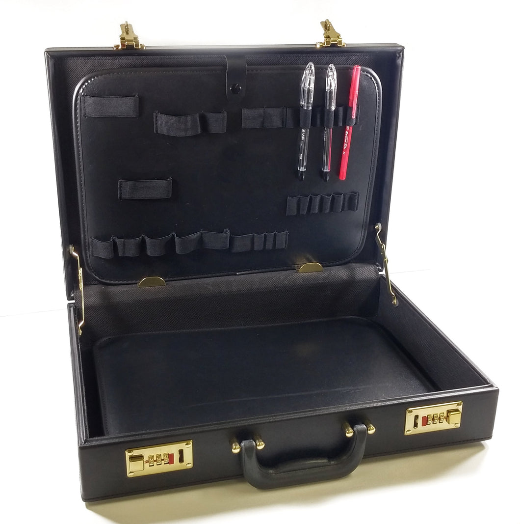 Lockable briefcase, Sturdy carry handle. | Gold plated locks, Interior organizer section | Black Leather | Electronix Express | 