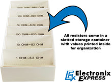 Load image into Gallery viewer, 365 Piece Resistor Kit 1/2 Watt in Compartmentalized Cardboard Storage Box - Wide Variety of Values
