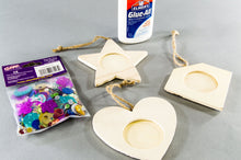 Load image into Gallery viewer, 4oz. glue bottle | 6 ornaments (square, heart, star, superman chest outline, oval, and flower) | 1oz. bag of sequins &amp; spangles
