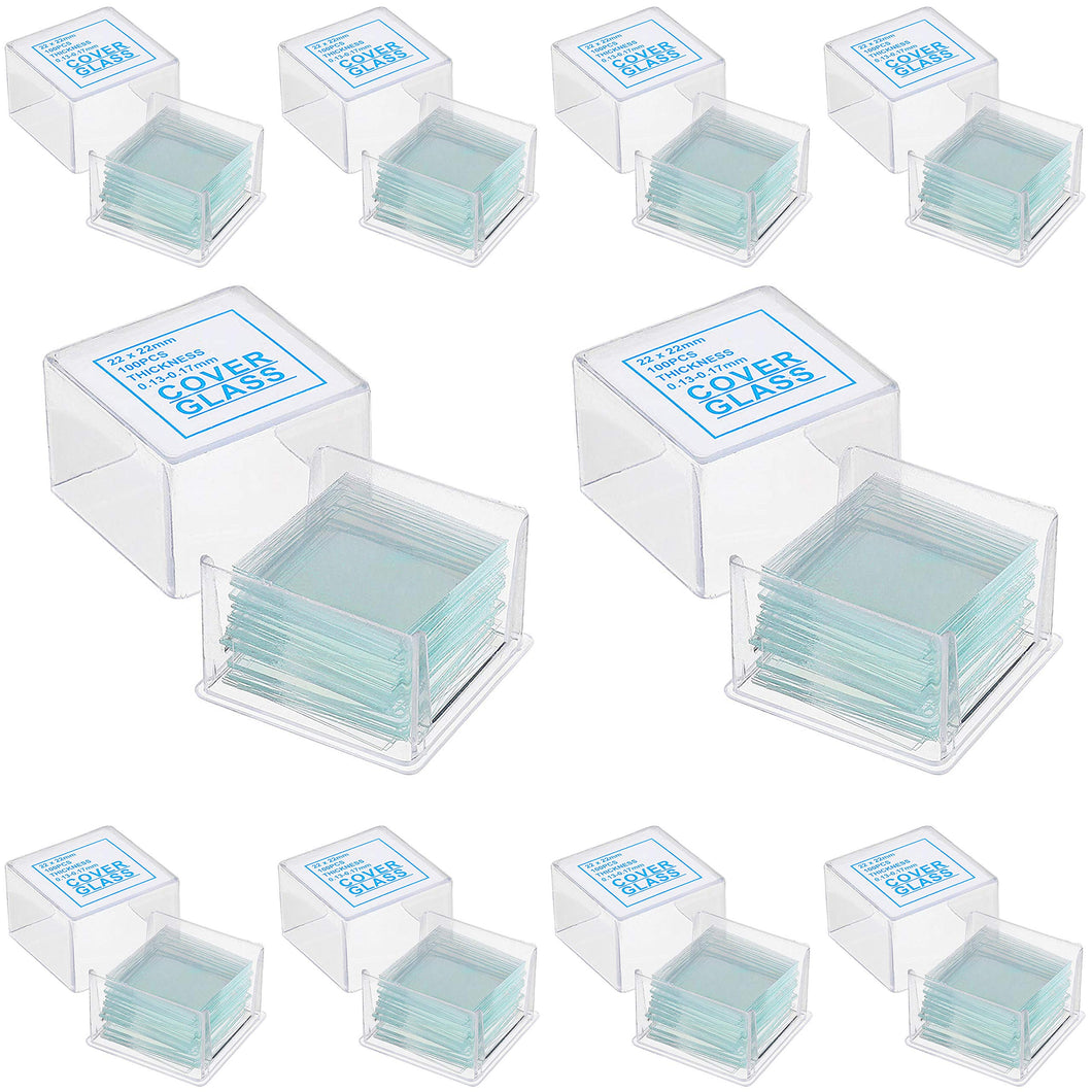 Pack of 1000 cover slips for microscope slides | Each coverslip measures 22x22mm and has a .13 to .17mm thickness Made of glass | Useful for fixing specimens on microscope slides and preventing sample contamination | Includes 10 small plastic storage boxes, containing 100 slips each | 