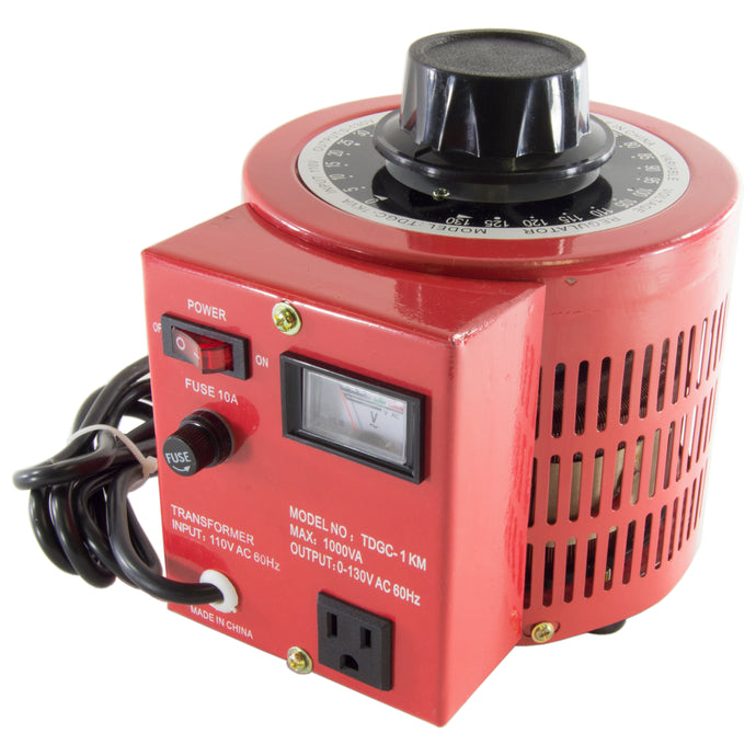 Input voltage: 110V; 5' cord with 3 prong plug | Output voltage: 0 to 130 vac | Output current: 10 amp | Analog Voltmeter, 3 prong output socket