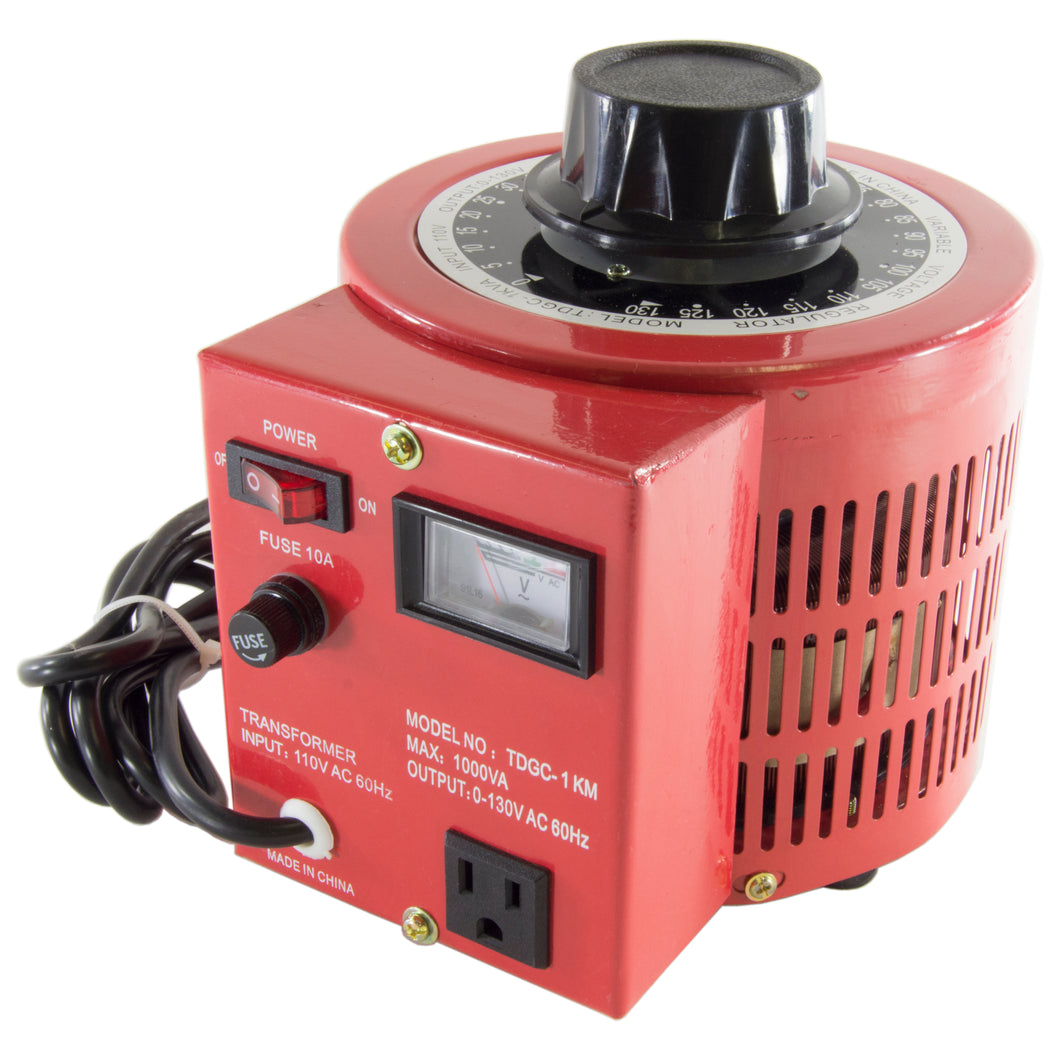 Input voltage: 110V; 5' cord with 3 prong plug | Output voltage: 0 to 130 vac | Output current: 10 amp | Analog Voltmeter, 3 prong output socket